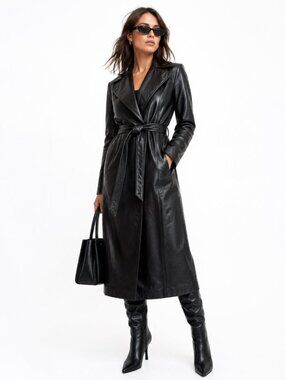 Vintage Classic Black Leather Trench Coat Belted Longline Jacket Medium